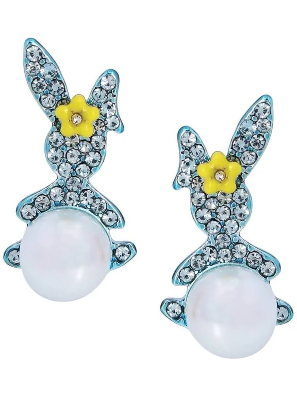 NWT Betsey Johnson Crystal Bunny Pearl Stud Earrings with Yellow Flower